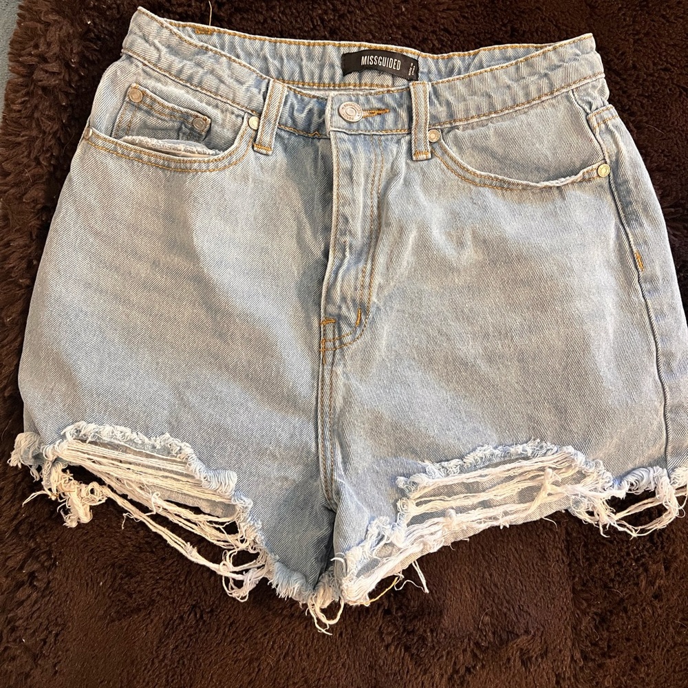 Missguided Light Blue Distressed Denim Shorts